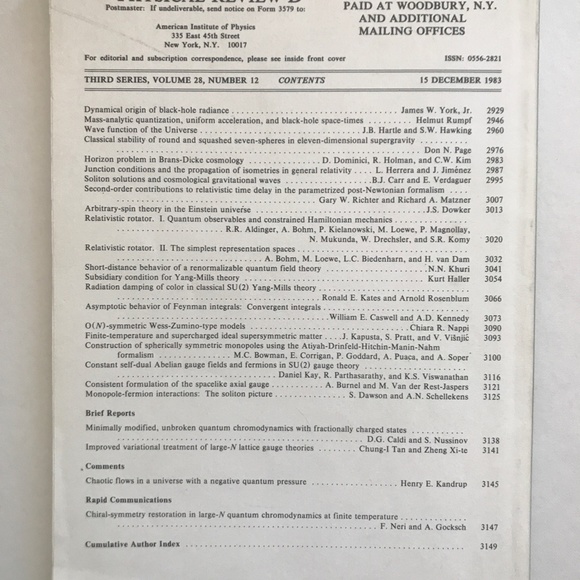 Stephen Hawking Article in Physics Review 1983. New. Vintage. Rare. - Picture 11 of 12